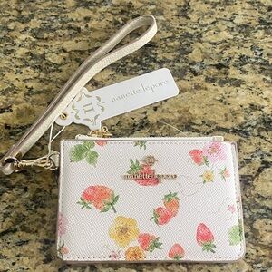 Nanette Lepore Pastel Floral & strawberry Wristlet w gold strawberry charm NWT